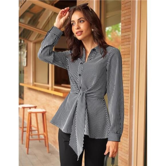 Peplum Tops Tie Front Striped Blouse Black - Picture 5 of 6